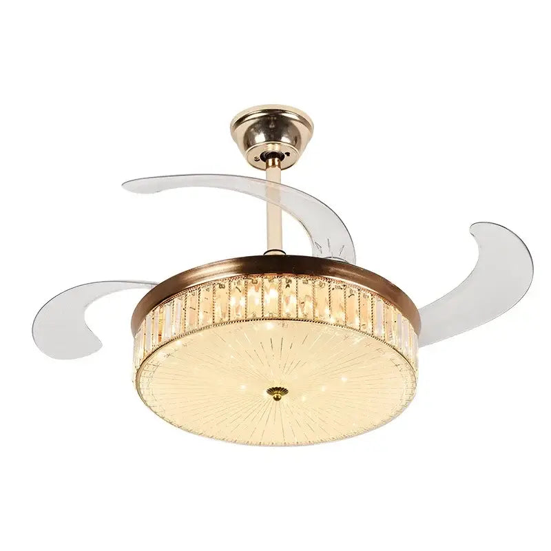 Modern gold crystal ceiling fan with retractable blades bedroom light