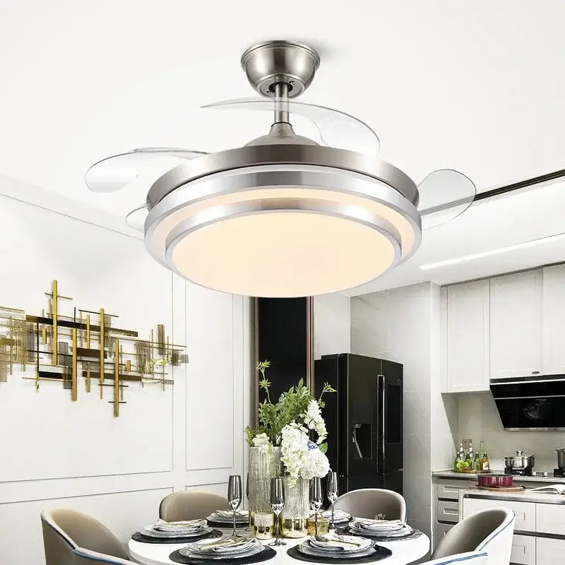 Modern brushed stainless led ceiling fan bedroom retractable blades