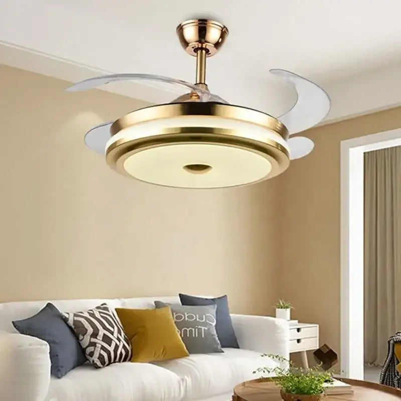 Modern gold retractable ceiling fan light living room remote control