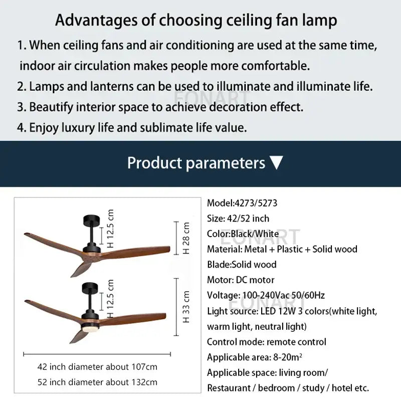 Black & white wood ceiling fan with led light & remote – living room