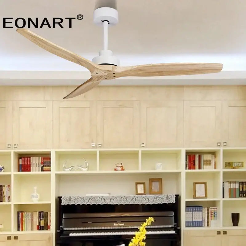 Black & white wood ceiling fan with led light & remote – living room