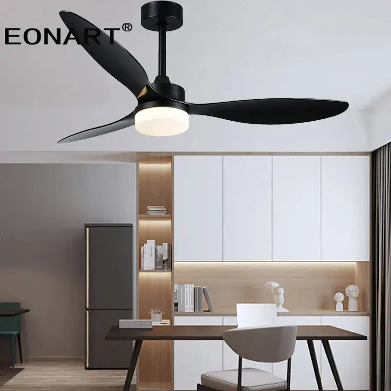 Modern black & dark brown ceiling fan with remote control bedroom light