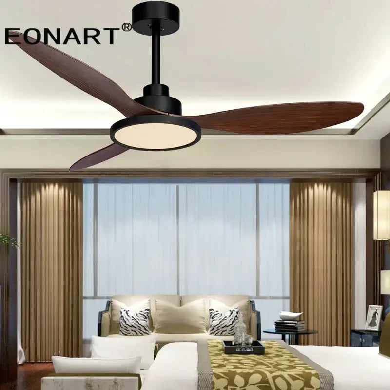 Modern black & dark brown ceiling fan with remote control bedroom light