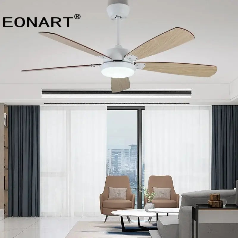 Modern black & white led ceiling fan with wood blades bedroom