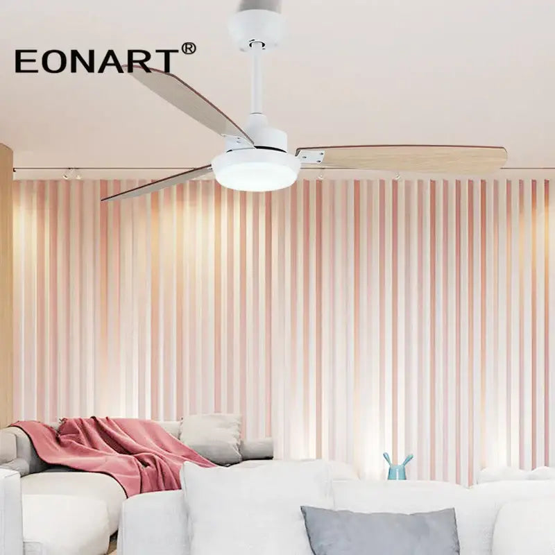 Modern black & white led ceiling fan with wood blades bedroom