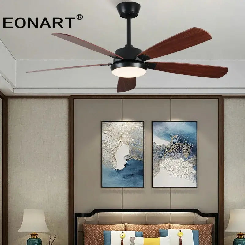 Modern black & white led ceiling fan with wood blades bedroom