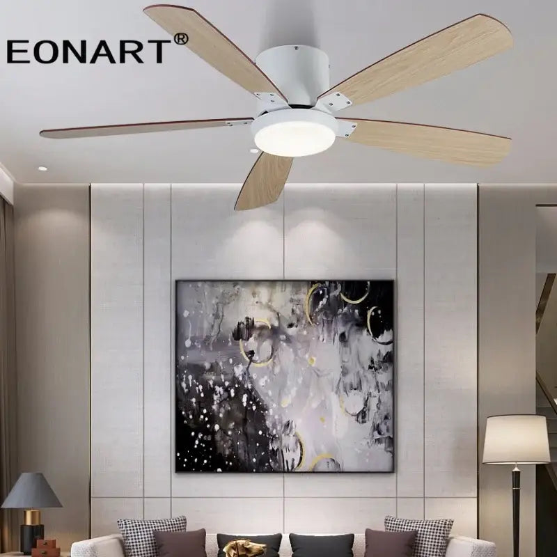 Modern black & white led ceiling fan with wood blades bedroom