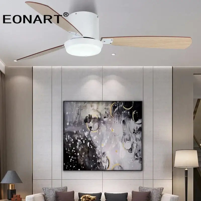 Modern black & white led ceiling fan with wood blades bedroom