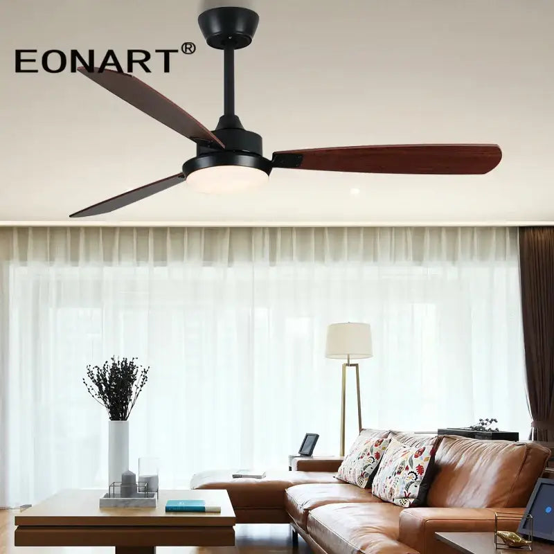 Modern black & white led ceiling fan with wood blades bedroom