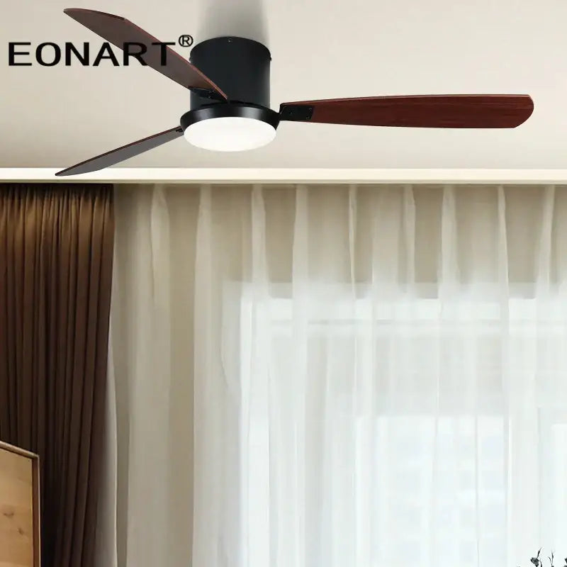 Modern black & white led ceiling fan with wood blades bedroom