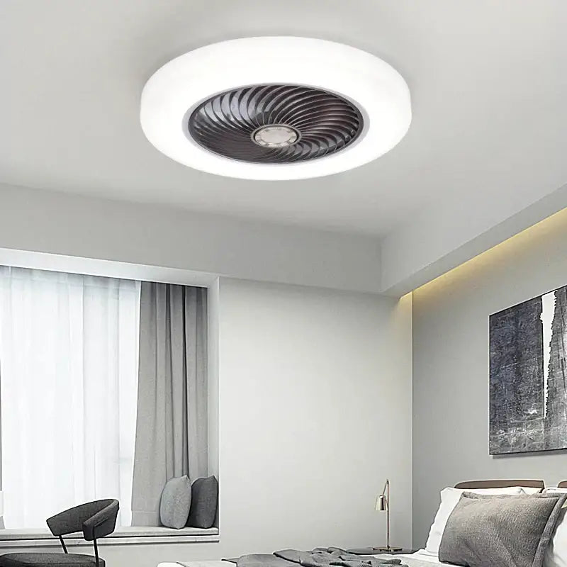 Modern white smart ceiling fan with retractable blades bedroom light