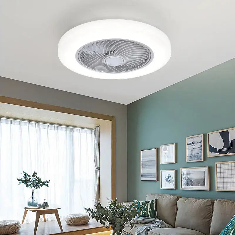 Modern white smart ceiling fan with retractable blades bedroom light