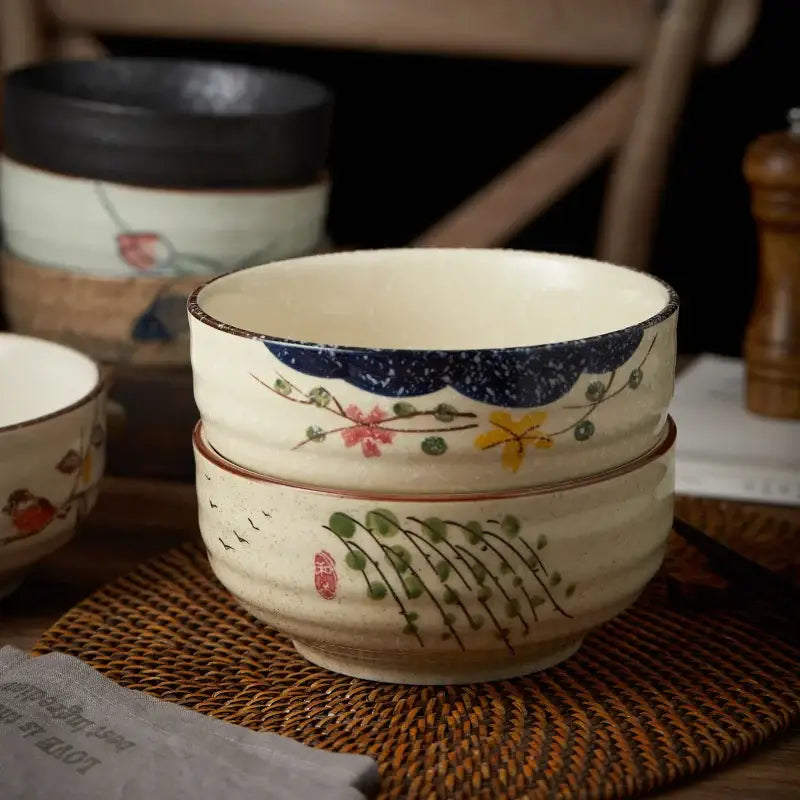 Hand-painted nature motif ceramic ramen bowl – kitchen dining bowl