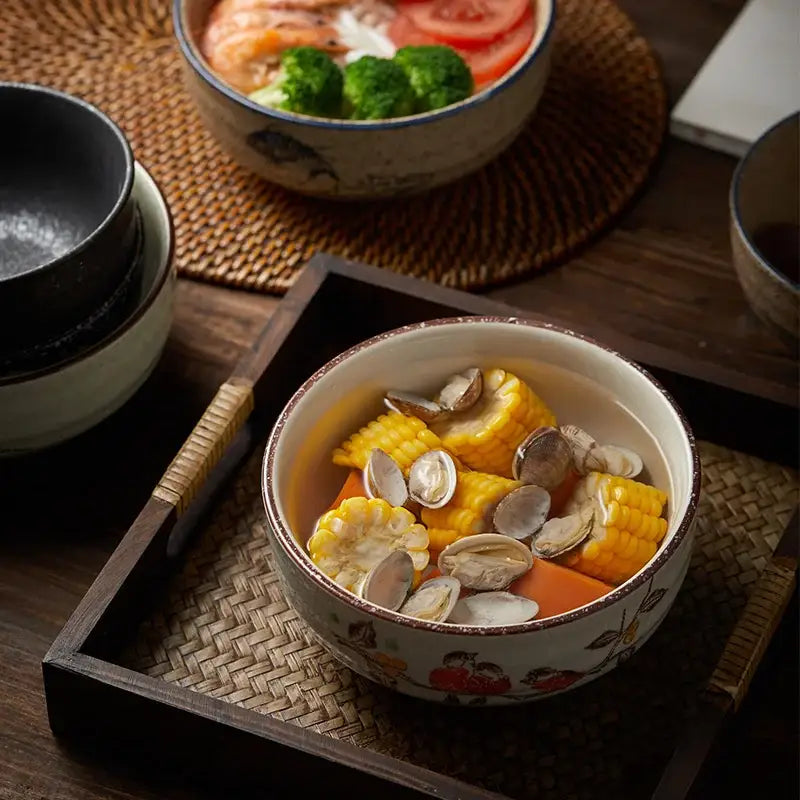 Hand-painted nature motif ceramic ramen bowl – kitchen dining bowl