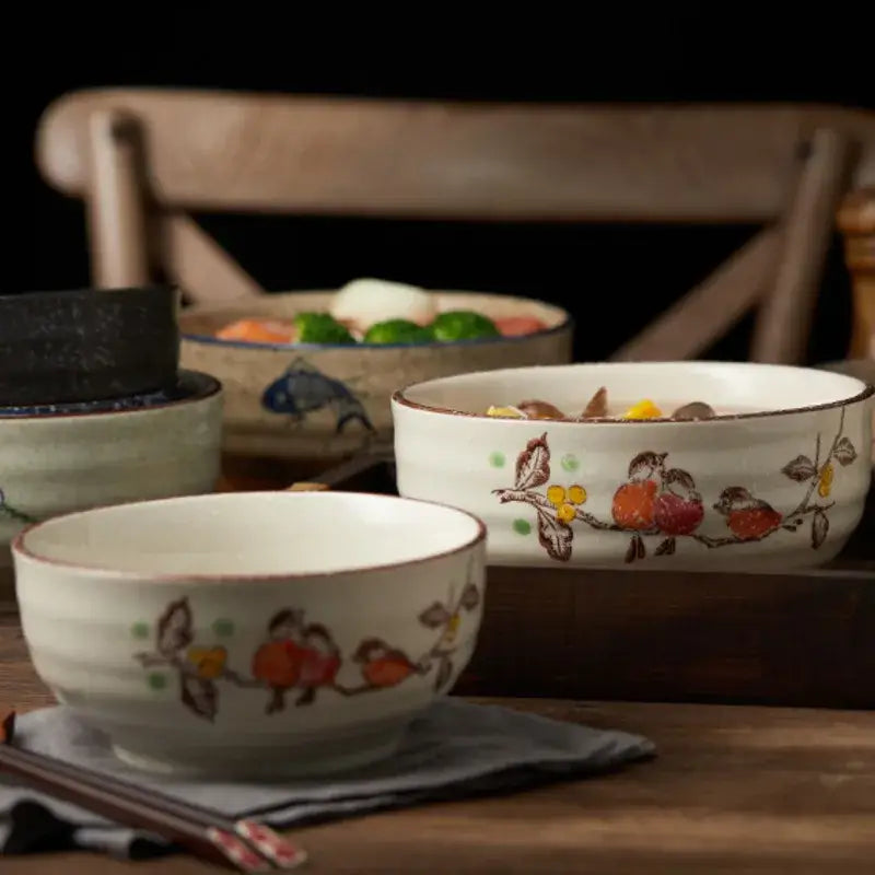 Hand-painted nature motif ceramic ramen bowl – kitchen dining bowl