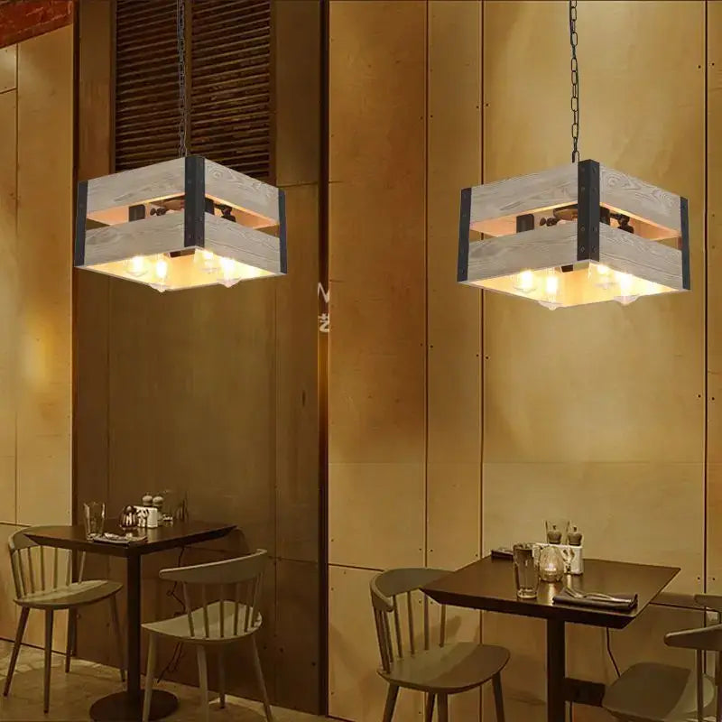 Rustic industrial style pendant lamp wood & black metal dining room