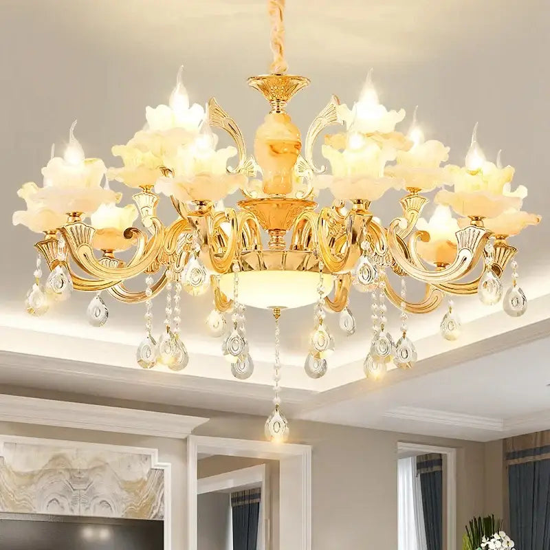 Modern gold led dolomite chandelier with floral glass for living room