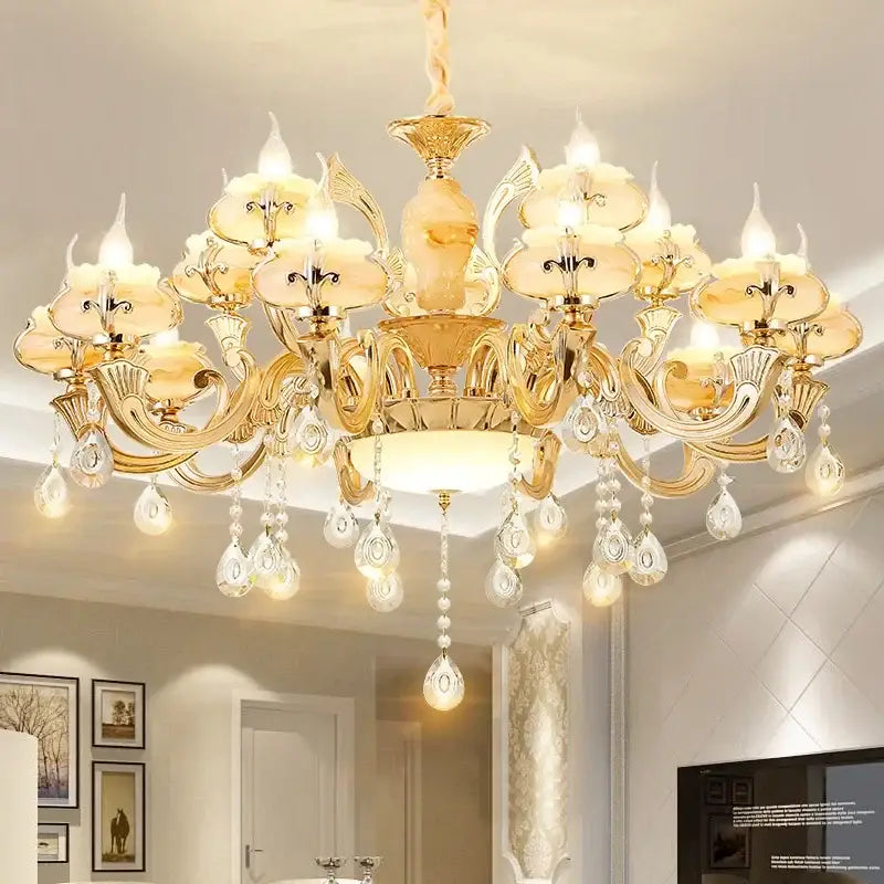 Modern gold led dolomite chandelier with floral glass for living room