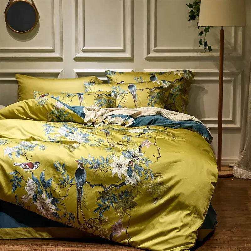 Floral bird yellow 600tc egyptian cotton bedding set bedroom