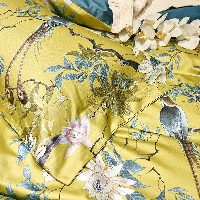 Floral bird yellow 600tc egyptian cotton bedding set bedroom