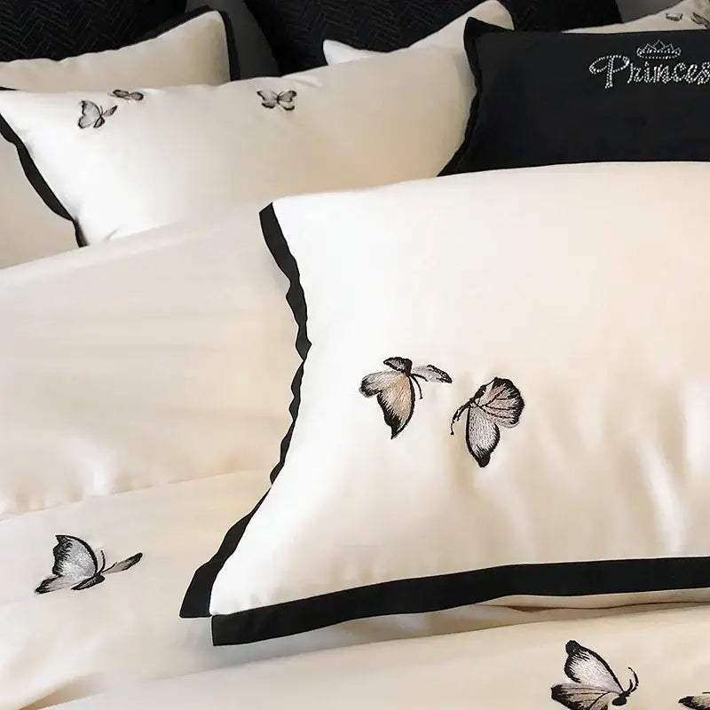 Cream & black 600tc egyptian cotton butterfly bedding set bedroom