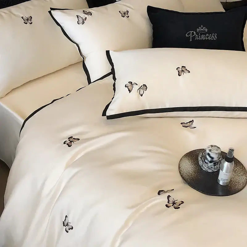 Cream & black 600tc egyptian cotton butterfly bedding set bedroom