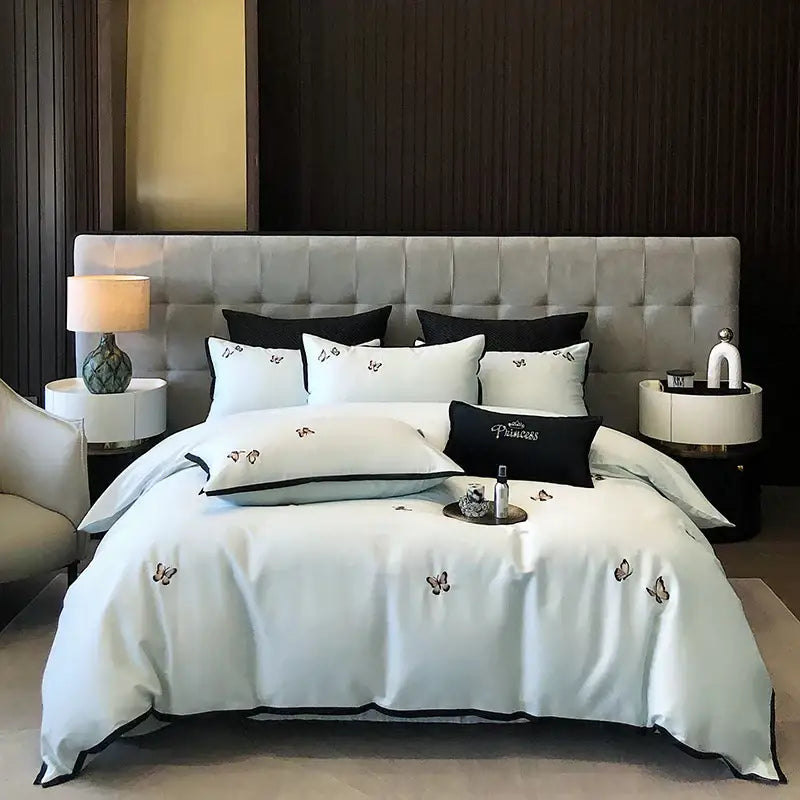 Cream & black 600tc egyptian cotton butterfly bedding set bedroom