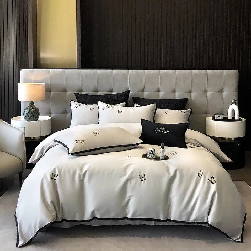 Cream & black 600tc egyptian cotton butterfly bedding set bedroom