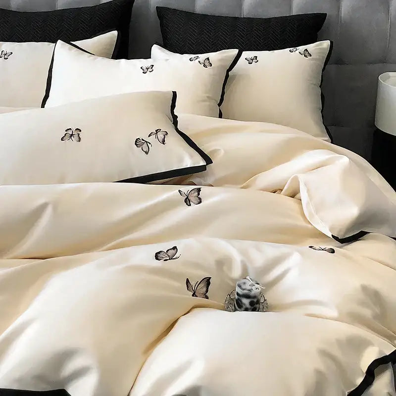 Cream & black 600tc egyptian cotton butterfly bedding set bedroom