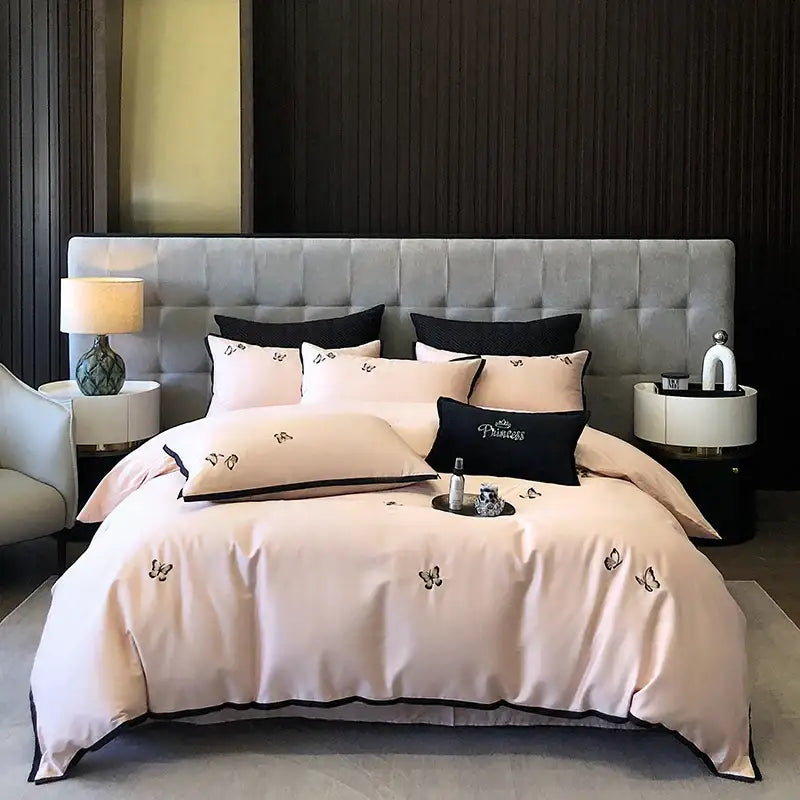 Cream & black 600tc egyptian cotton butterfly bedding set bedroom