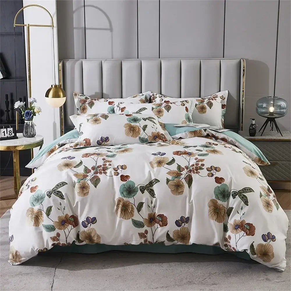 White floral teal 600tc egyptian cotton bedding set bedroom duvet cover