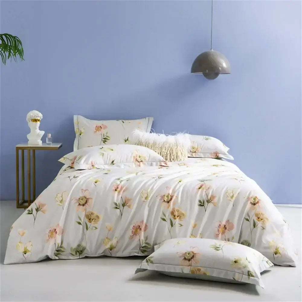 White floral teal 600tc egyptian cotton bedding set bedroom duvet cover