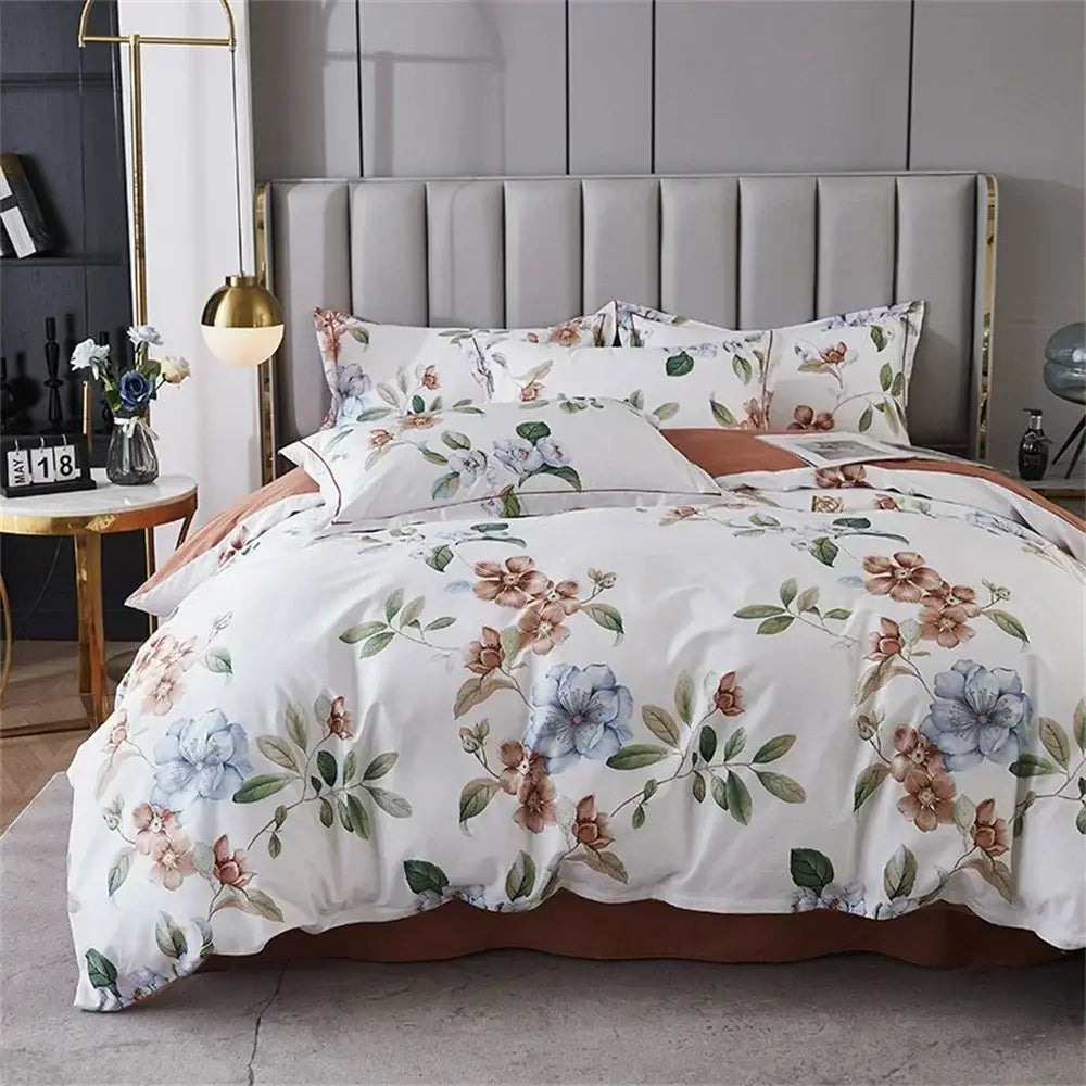White floral teal 600tc egyptian cotton bedding set bedroom duvet cover