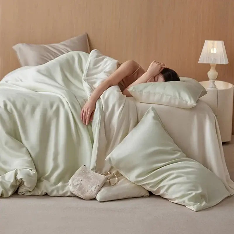 Cream rayon silk bedding set bedroom cooling solid color sheets