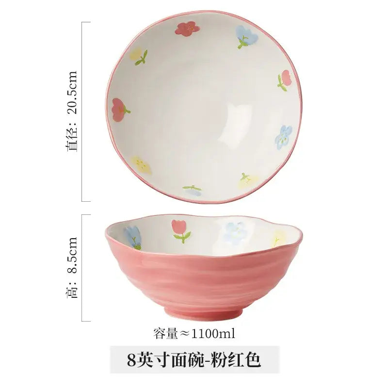 Floral hand-painted ceramic ramen bowl – dining room noodle bowl