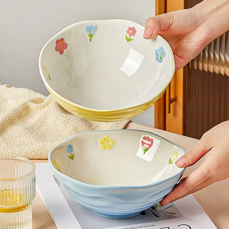 Floral hand-painted ceramic ramen bowl – dining room noodle bowl