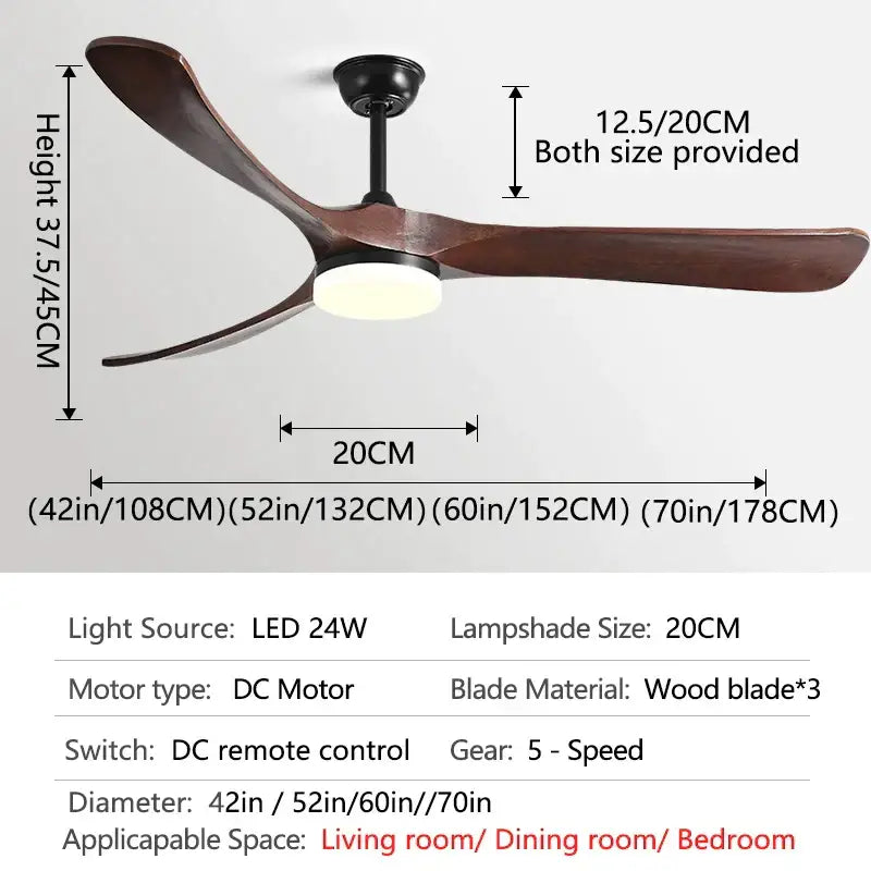 Retro black fan light with solid wood blades living room led fan