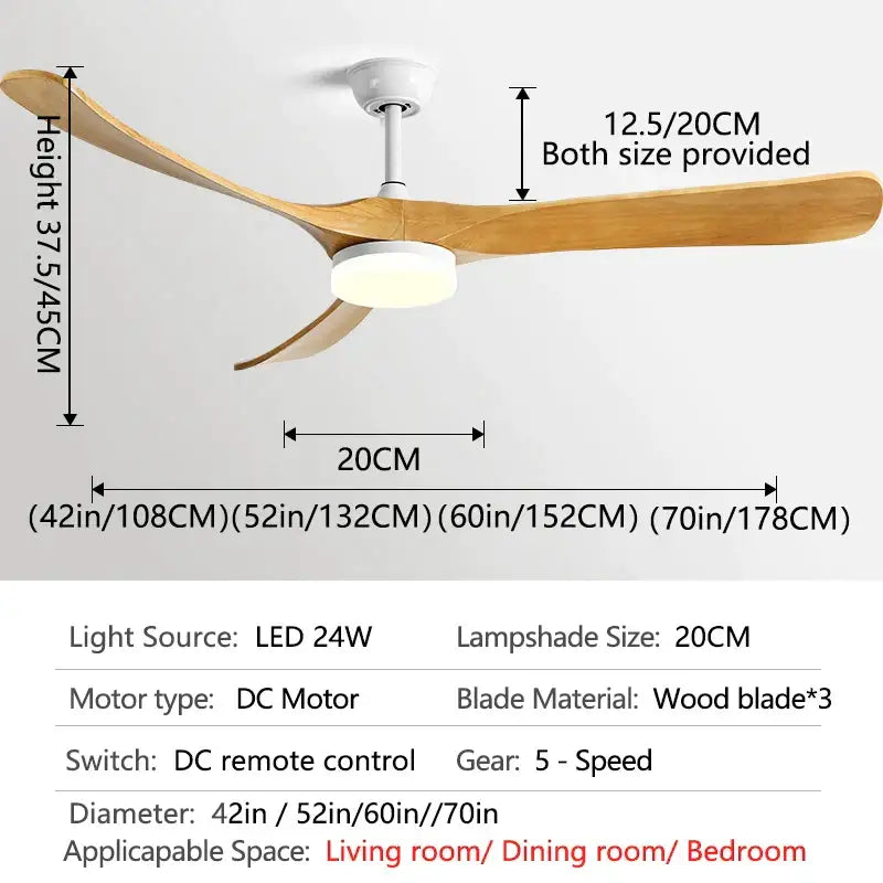 Retro black fan light with solid wood blades living room led fan