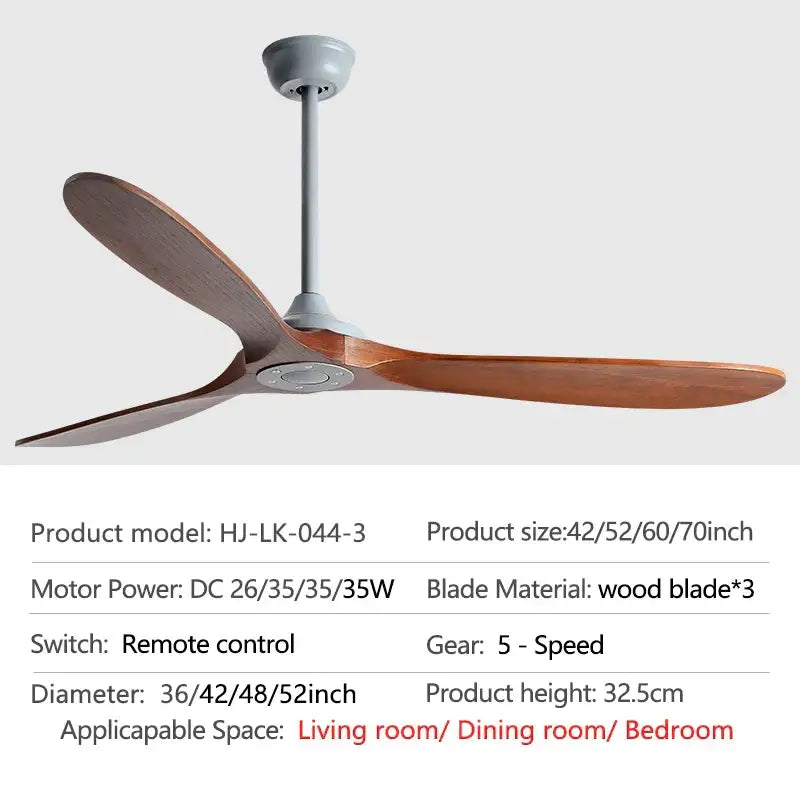 Industrial gray wood dc ceiling fan with remote control for living room