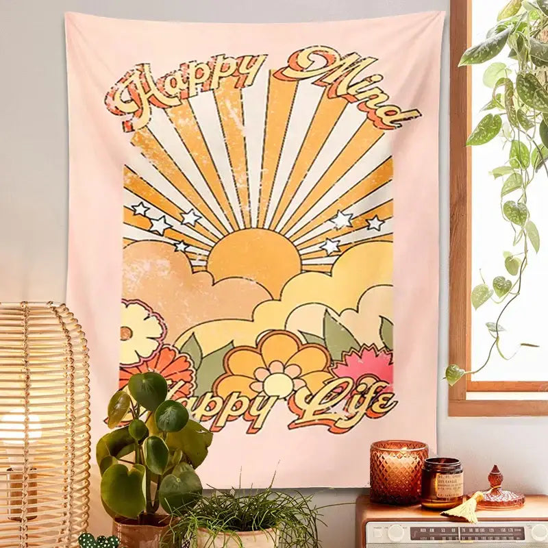 Retro pink 70s girl sunset tapestry – bedroom wall decor