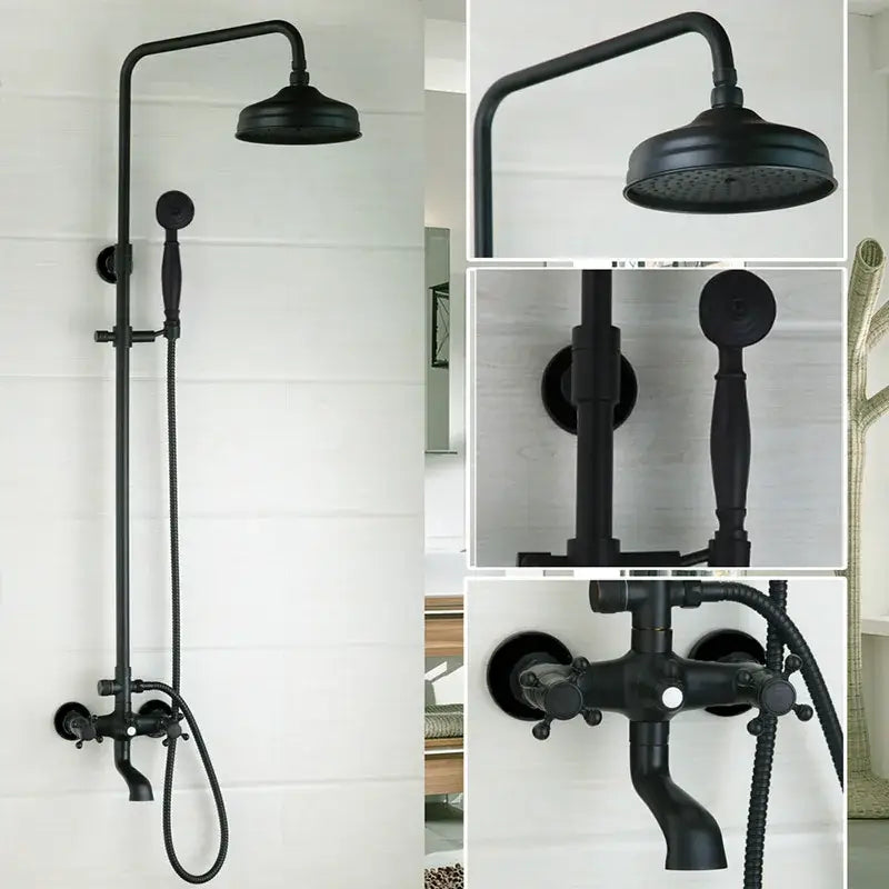 Vintage matte black shower faucet set bathroom rainfall head
