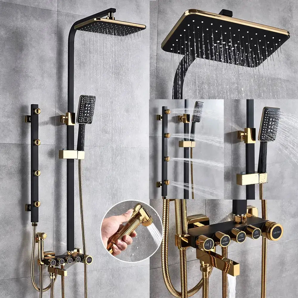 Modern black & gold rainfall shower set with bidet function bathroom