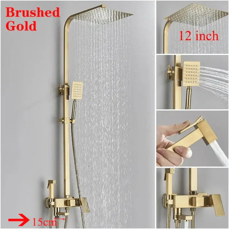 Modern gold square rainfall shower faucet set bathroom handshower