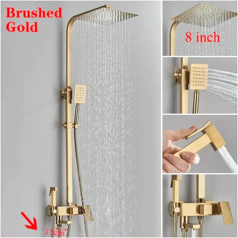 Modern gold square rainfall shower faucet set bathroom handshower