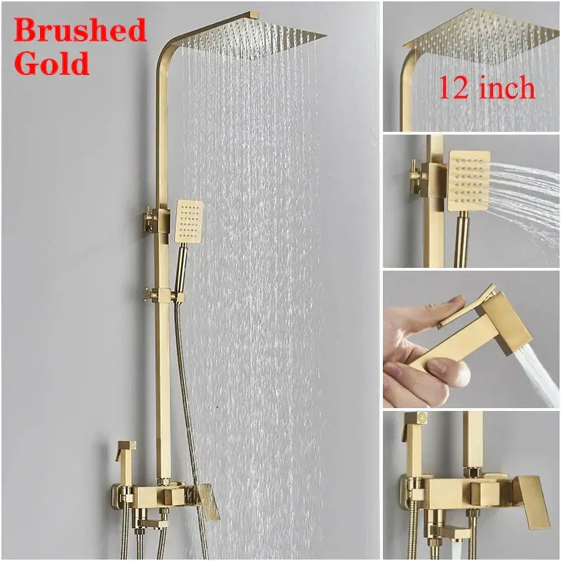 Modern gold square rainfall shower faucet set bathroom handshower
