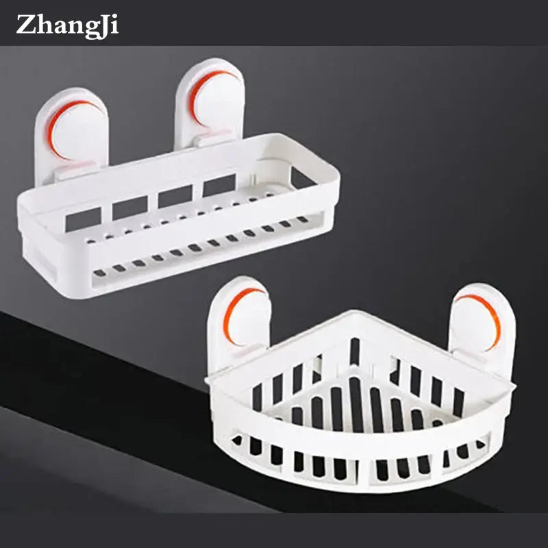 White and orange suction cup bathroom shelf storage rack