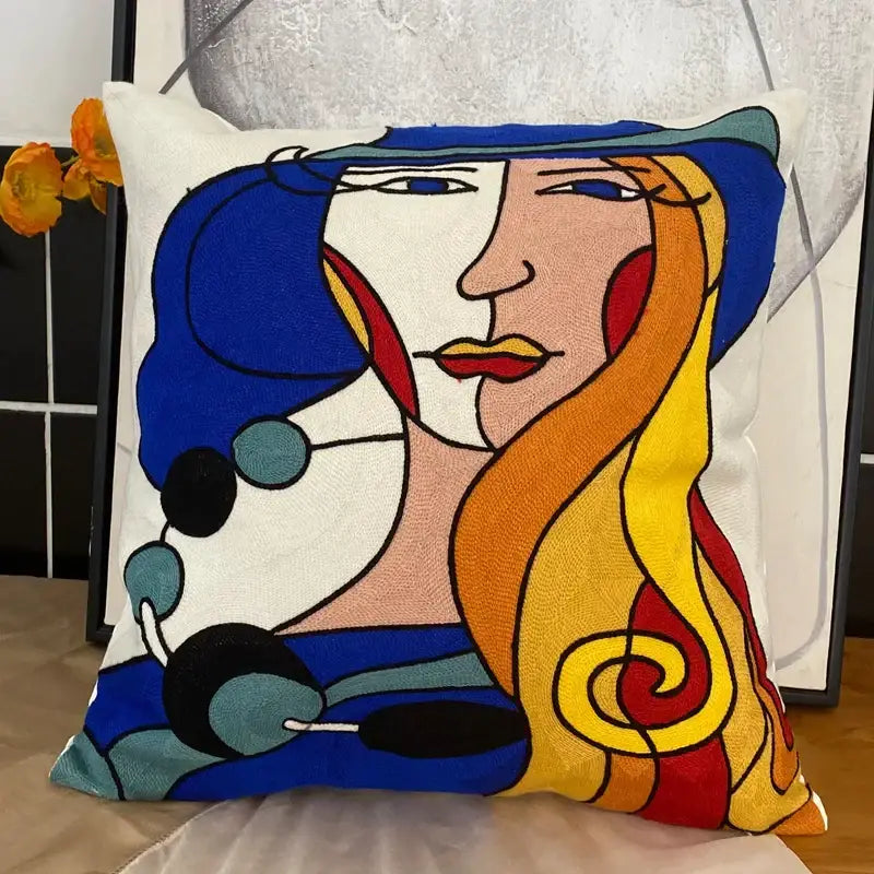 Decorbites abstract embroidery picasso face throw pillow living room
