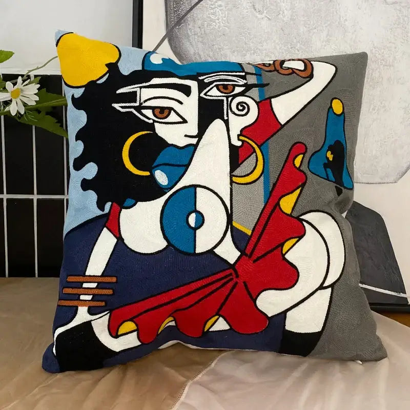 Decorbites abstract embroidery picasso face throw pillow living room