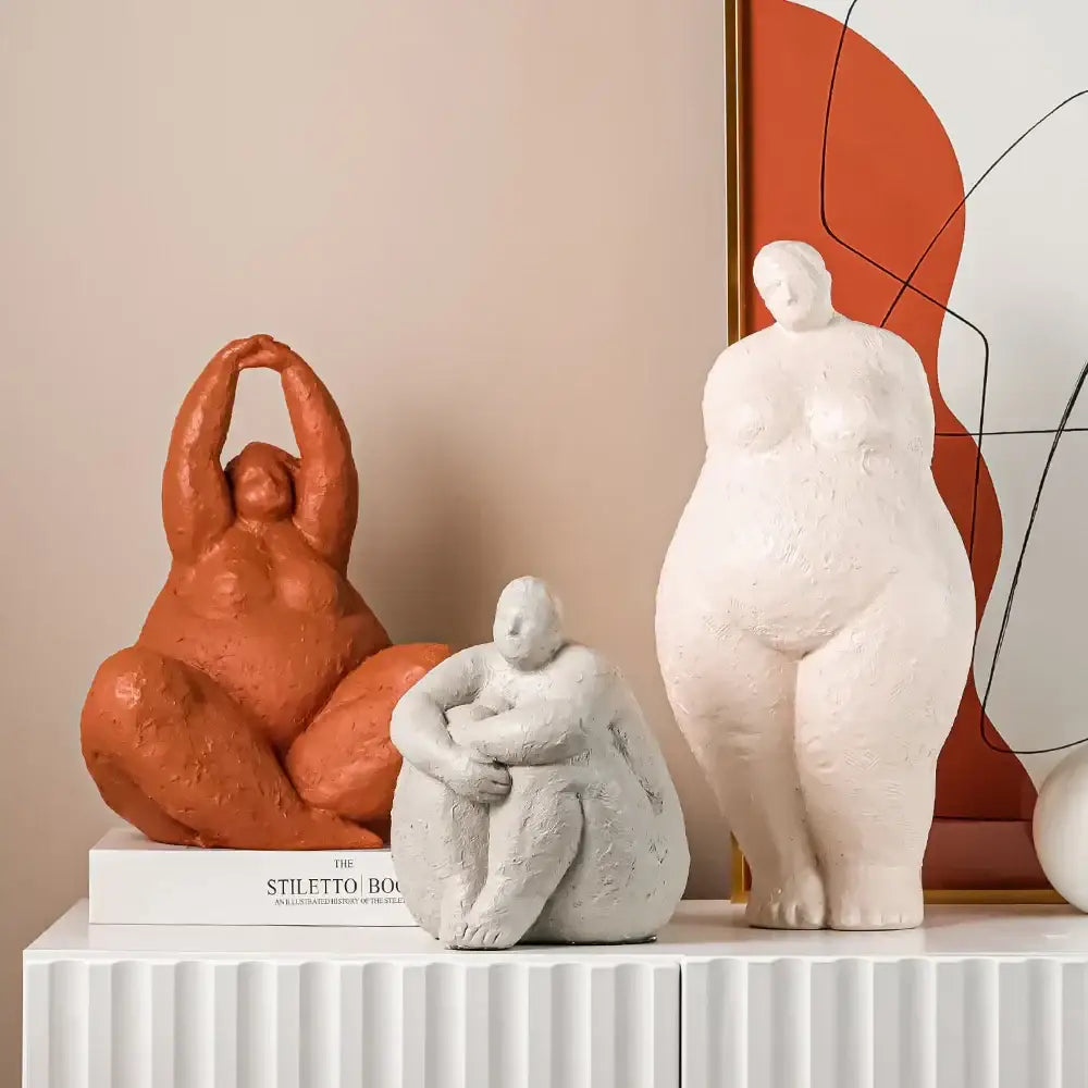 Abstract terracotta & gray fat lady figurines living room decor