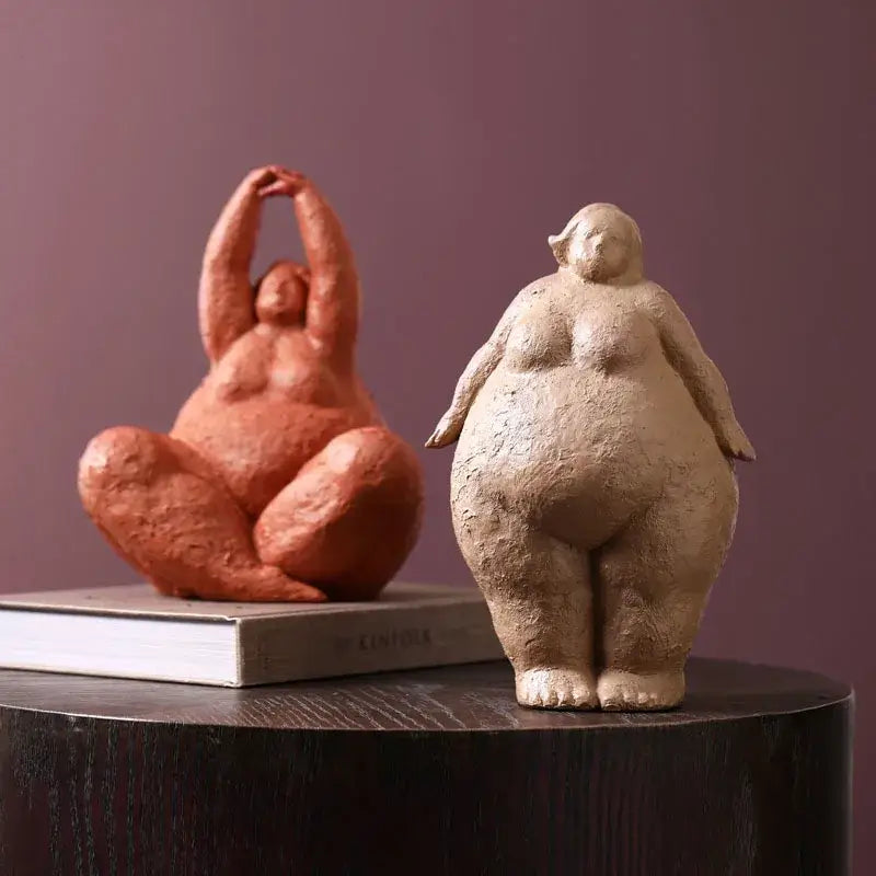 Abstract terracotta & gray fat lady figurines living room decor